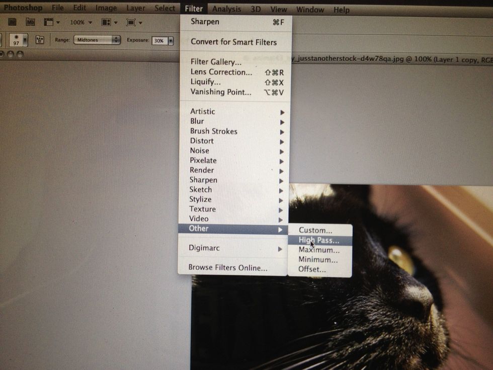 With your duplicate highlighted, go to Filter>Other>High Pass
