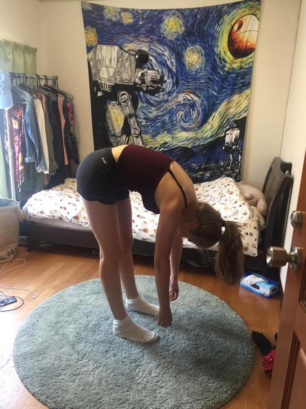 With your feet apart, lean your upper body forward. Remain limp and try not to bend your knees. Sway from left to right for 16 seconds. You should feel a stretch in your hamstrings.