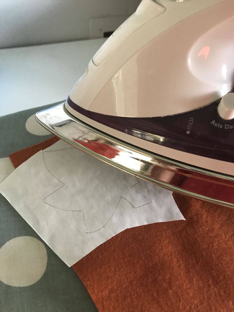 With your pattern facing up and the wax side down Iron it onto the felt until it stays.