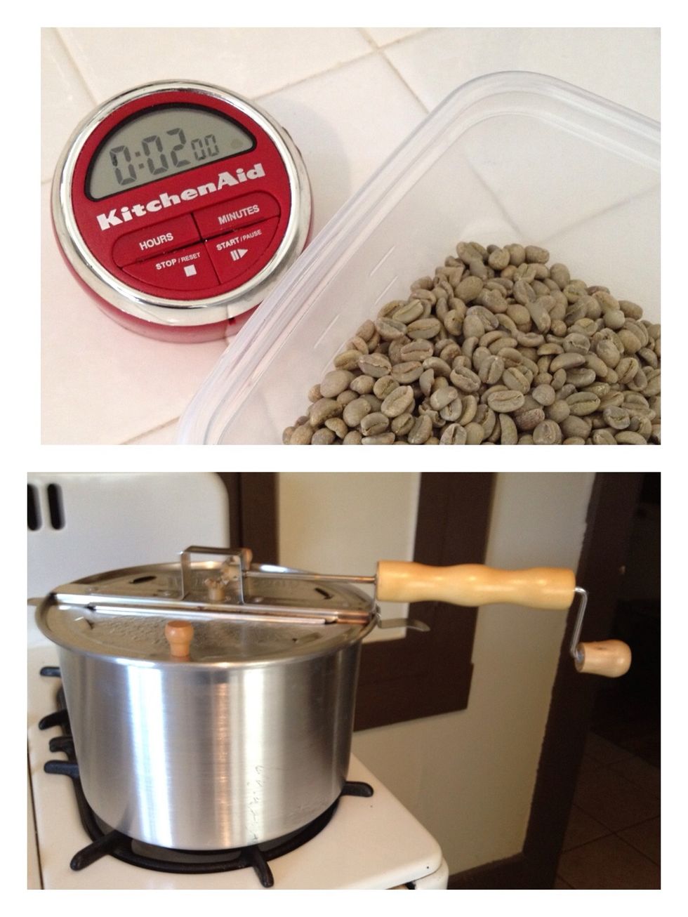 With your timer and beans nearby, preheat the Whirly-pop over a low to medium flame for two minutes. If you are using a thermometer, 400\u00b0 is your target.
