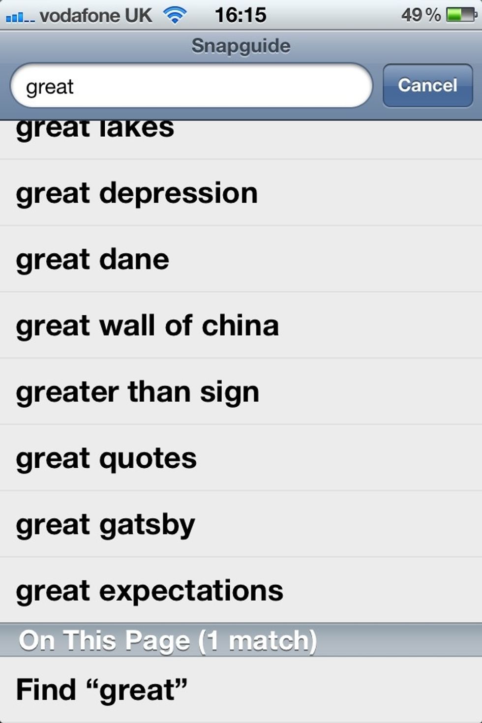 Without pressing the Search button scroll to the bottom of the page until you reach the "On This Page" section. Tap on the search word or phrase.