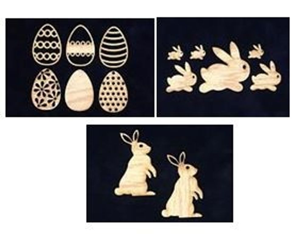 Wood products used are from Unique Laser Designs in Easter Eggs (6 pc set), Bunnies ( 6 pc set, used med size in project), and Rabbits (2 pc set).