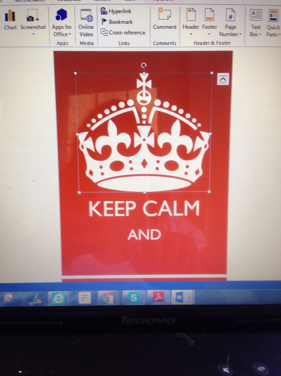 Word 2013 asks for image options for graphic. Just pick the default. Then click lower right corner to drag and shrink image. You may need to center image.