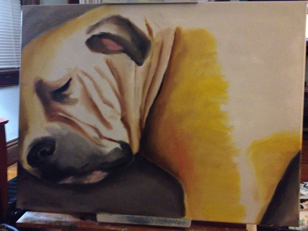 Work on his wrinkles a bit more. I used straight white and allowed it to pick up the browns as I went. With black on the pinky, block in the eye shape.