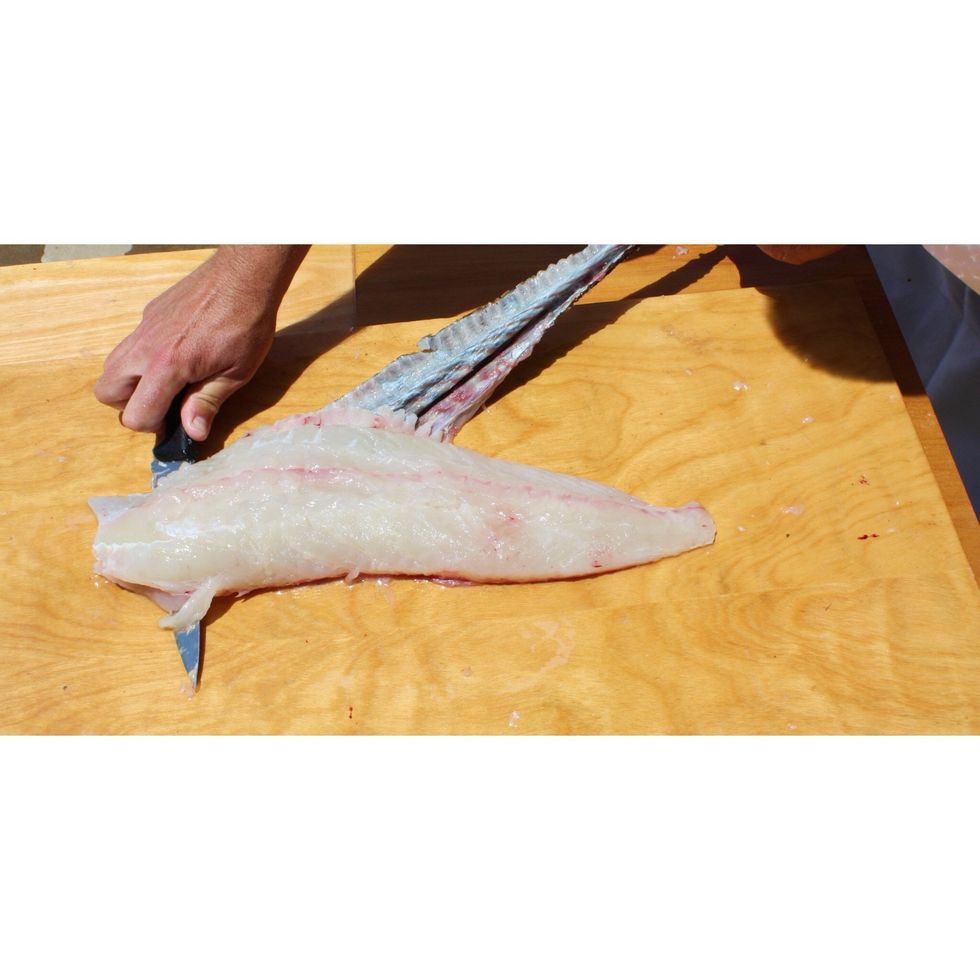 Work the knife down while you hold the skin to easily remove the skin from the fillet.