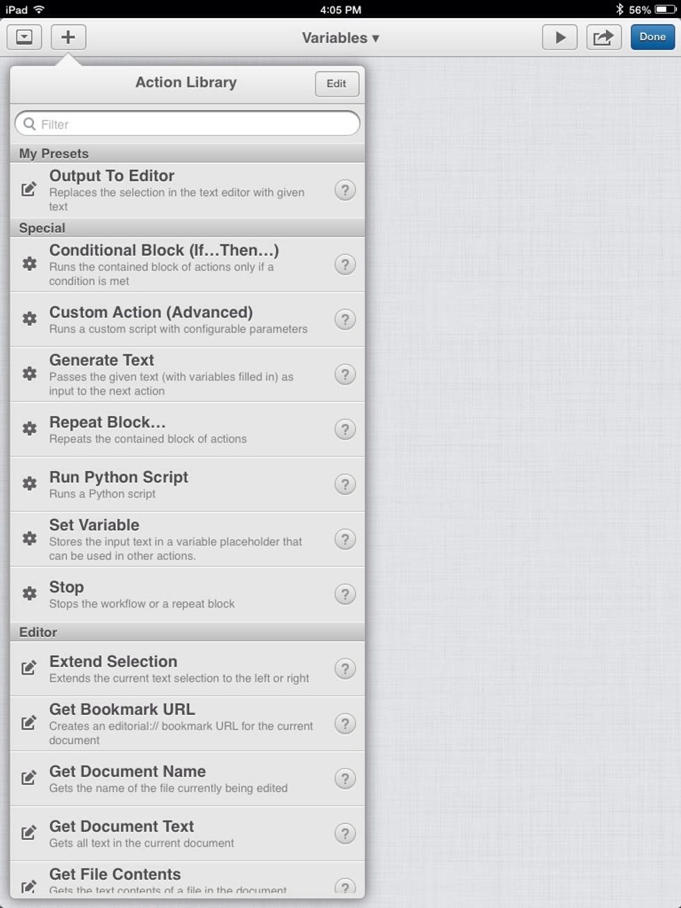 Workflows are made of actions. Tap the plus to add a new action. Scroll to the Special category and choose Set Variable.