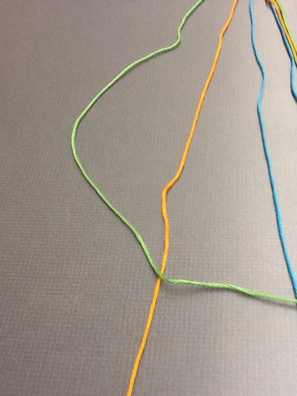 Working from the outside in, put the very first colour on the outside (green), over the string beside it (orange)