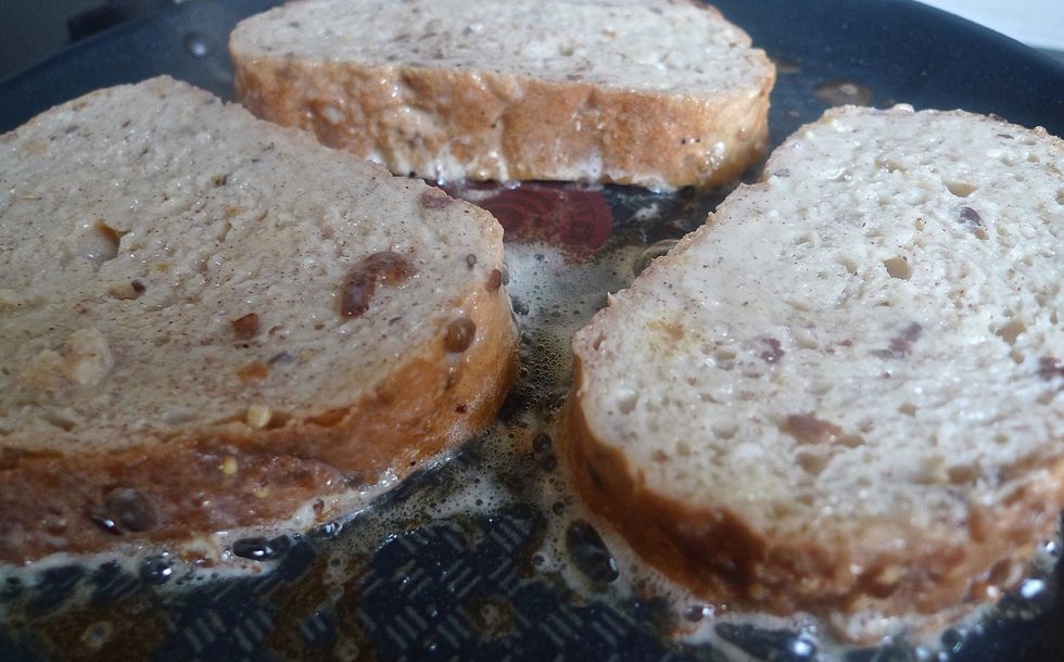 Working in batches, brown the bread very lightly until golden brown. Saut\u00e9 for about 3 minutes, just to kind of seal the egg batter.