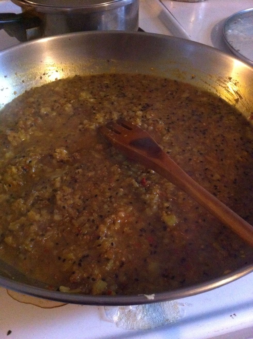 Wow, I sure spit a lot! Or, I used some ladle-fuls of stock from boiling the rootie-tootie vegetables to soak these smooshed seeds. This will be the cradle of saucilization. Honour her.