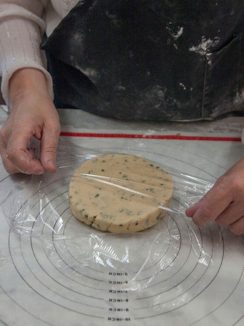 Wrap in in plastic wrap and pop it into the fridge to firm up for at least 30 minutes.