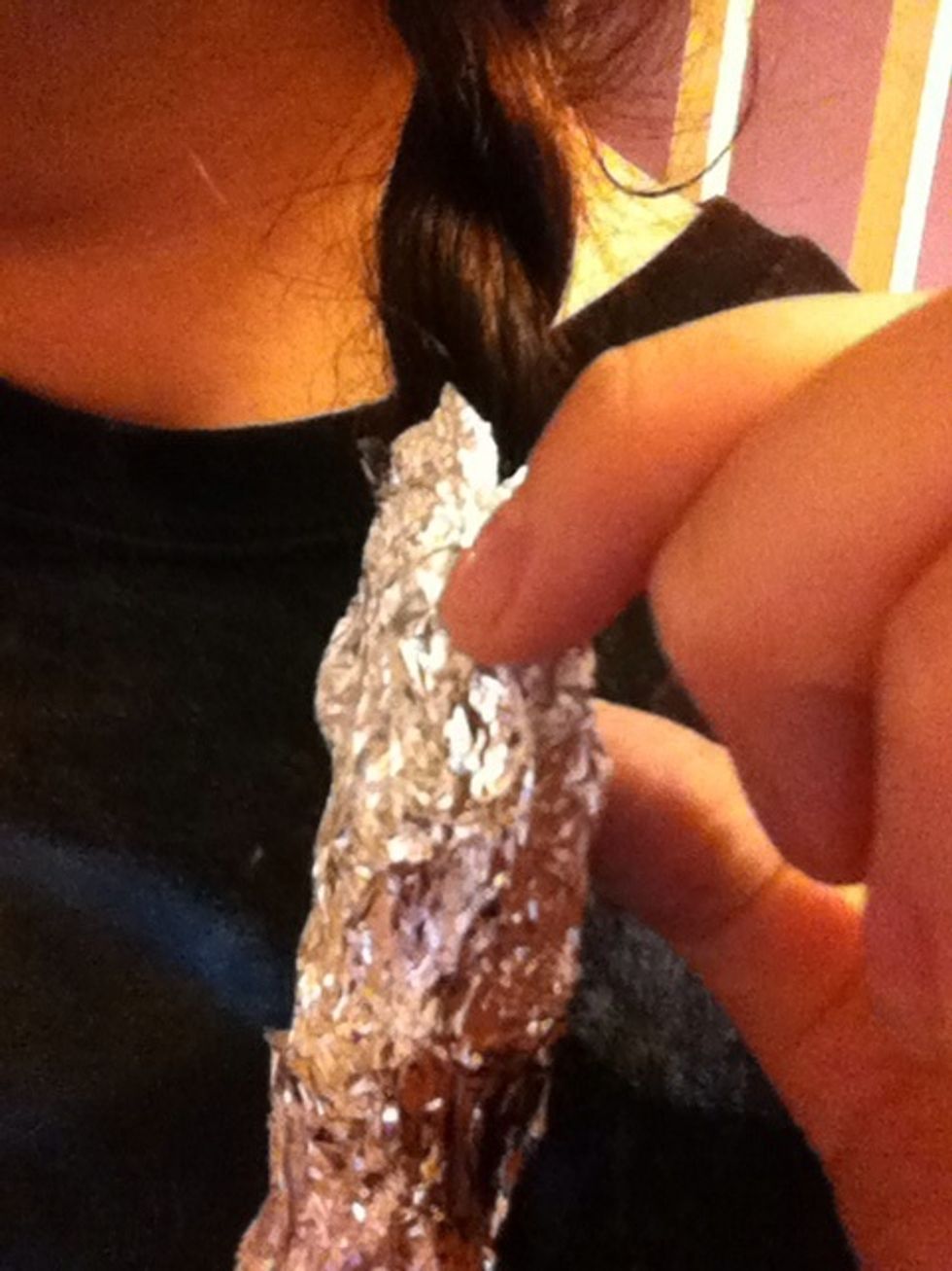 Wrap in tinfoil or cling film. This will make the colour more vibrant, and keeps my hair from whacking me in the face and getting dye everywhere