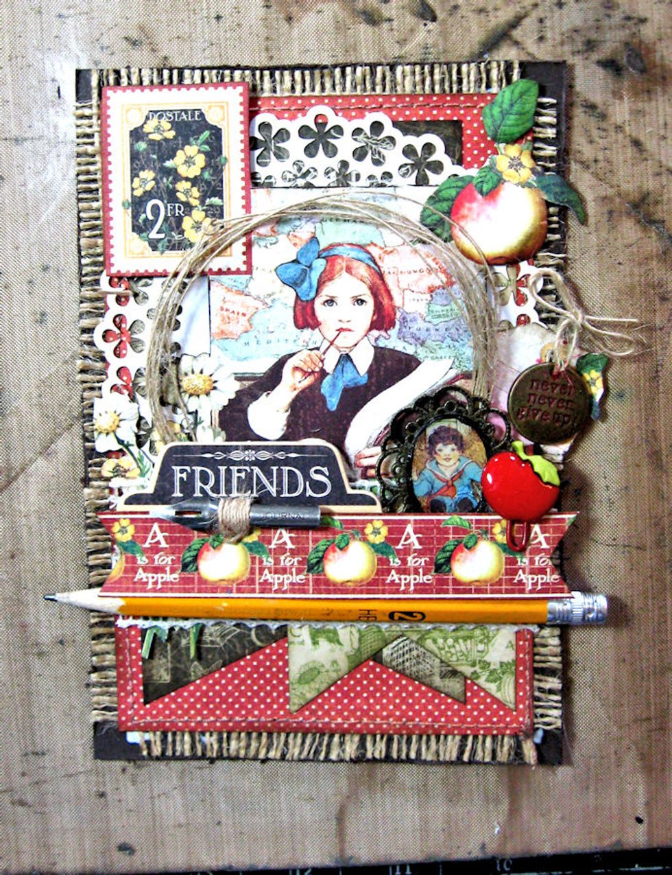 Wrap pen nib with burlap string. Glue below chipboard title. Glue used pencil below apple border. Almost finished!