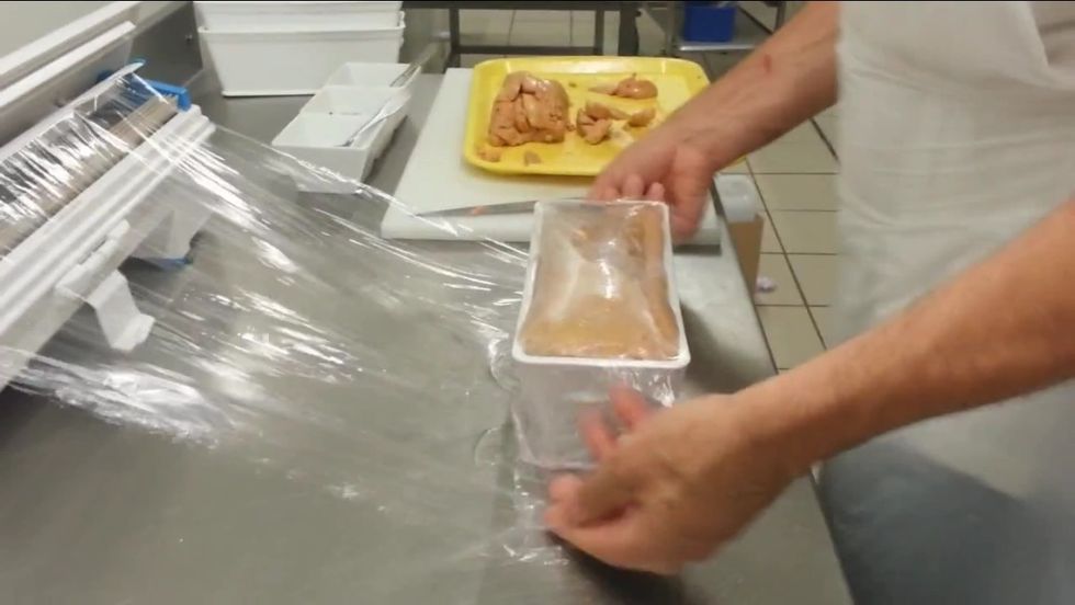 Wrap terrine completely with plastic wrap.