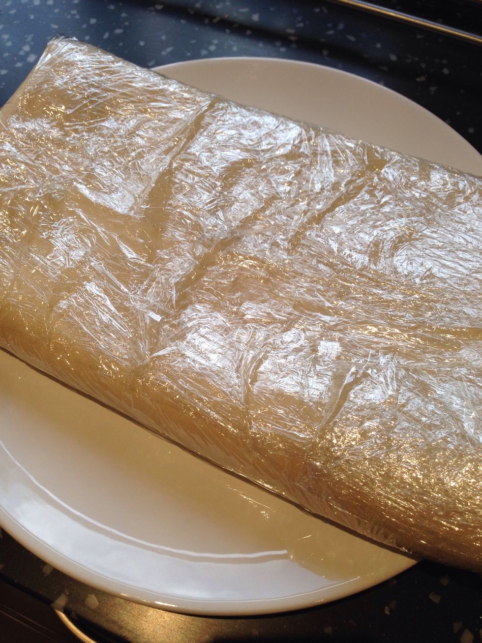 Wrap the dough in cling film and refrigerate for 30 minutes. Repeat the rolling and folding two more times (ending with 27 layers in total). Each time ending with a 20x60cm rectangle.