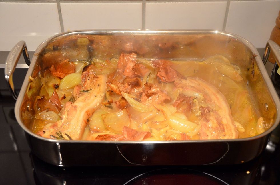 Wrap the meat in tin foil and put it in the warm oven (heat off). If you added carrots take them out too.