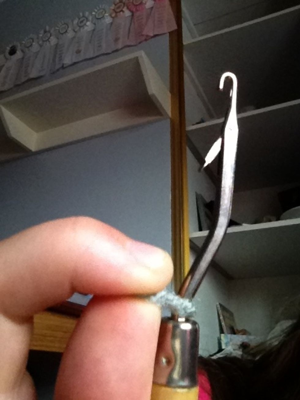 Wrap the yarn around the hook and hold it there