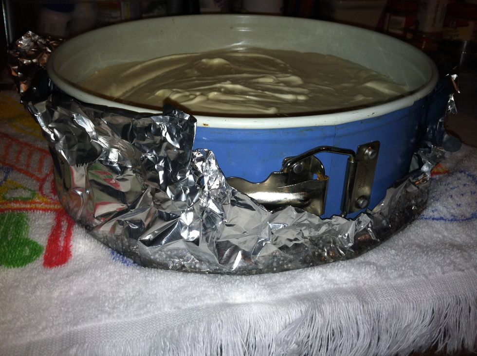 Wrap tinfoil around bottom. Don't need much, just enough to cover bottom & some side DO NOT PUT IT OVER RIM OF PAN - YOUR CAKE WILL BAKE ONTO IT!!!