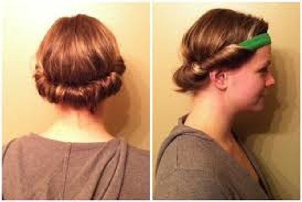 wrap your hair around the headband like this. split hair in little  pieces and twist them around headband. when done wait for about 15-20 mins ( for a better effect leave in over night)