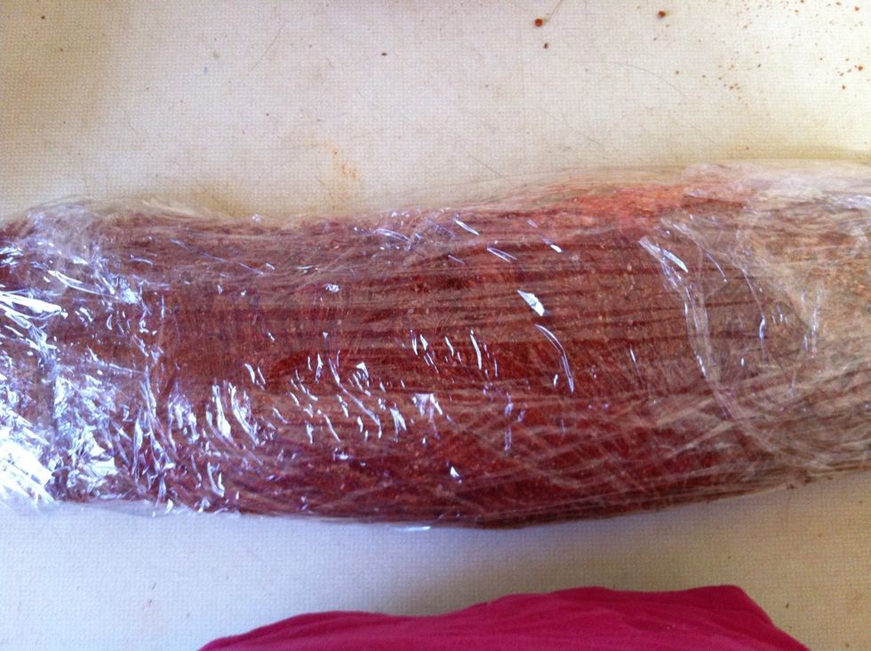 Wrapped ribs that have been rubbed and marinated in fridge.