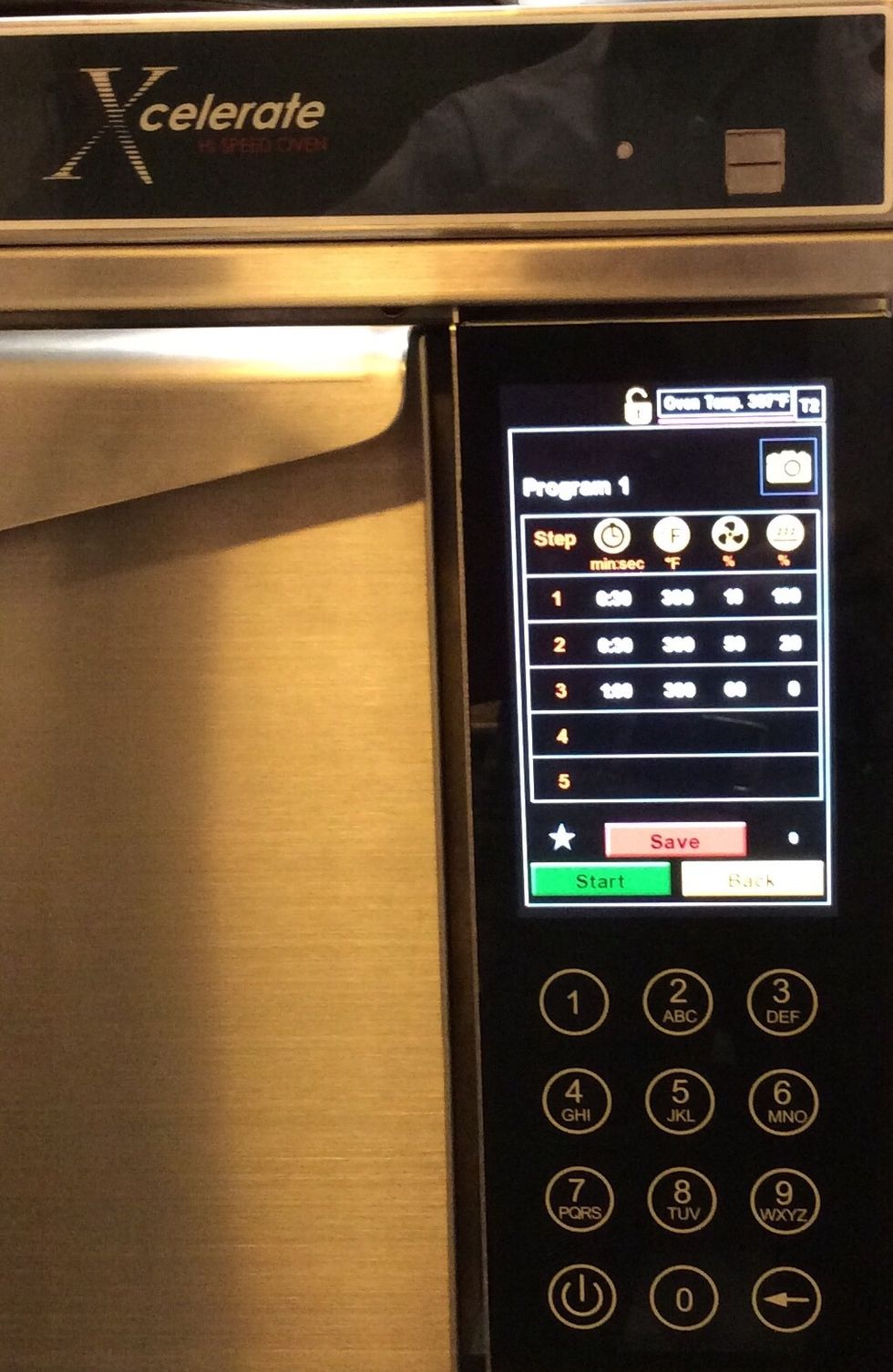Write a 4-step program. Set oven to 400F (204C) for all steps. Step 1: 30 seconds, 10% fan, 100% microwave; Step 2: 30 seconds, 50% fan, 20% microwave; Step 3 1 minute, 60% fan, no microwave;