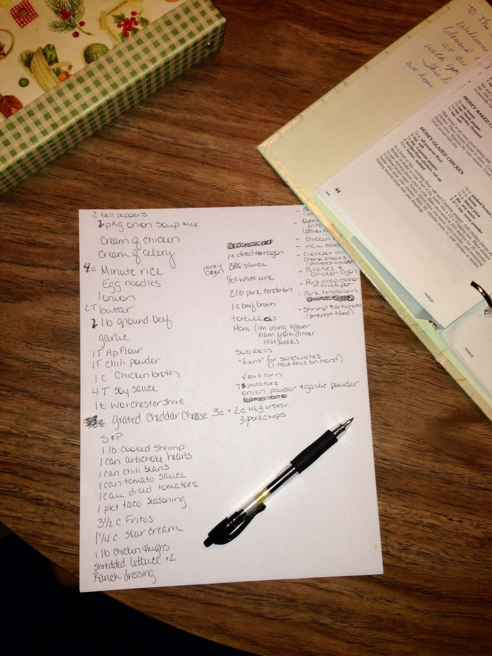 Write the names of the recipes at the top to ensure you have all you need. Figure out what you're making and write the ingredients down. (Or copy and paste in word doc). Combine all like ingredients.