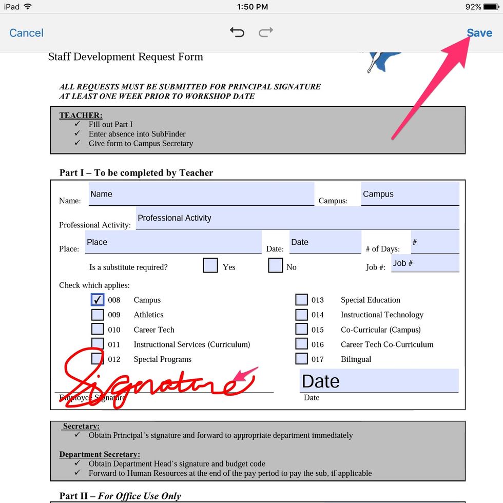 Write your signature. You can move it and resize it, if necessary. Select Save.