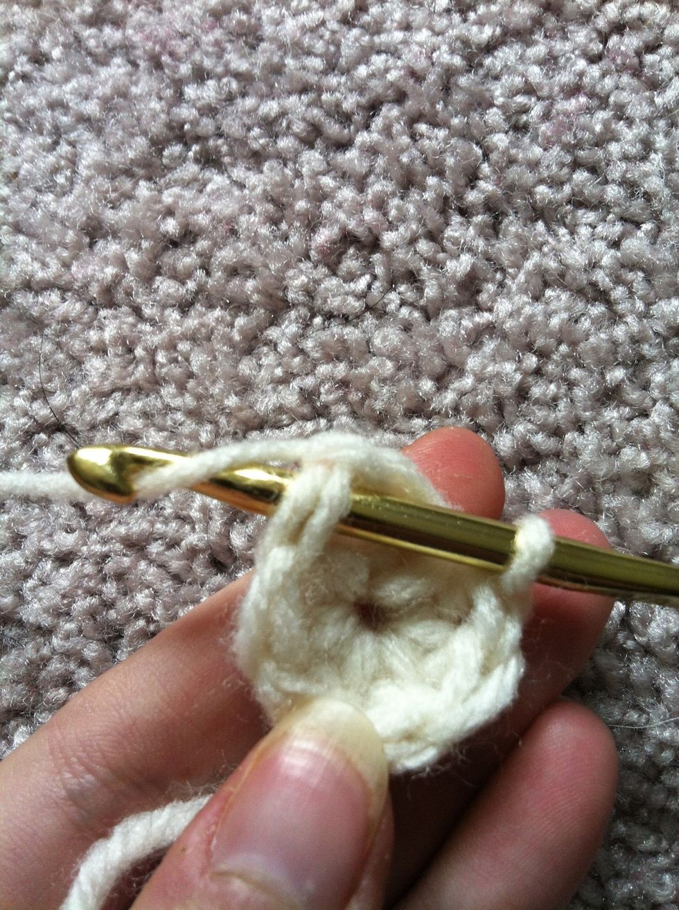yarn around and pull the loop through both loops (that's actually called a slip stitch). first round complete with 6 double crochet