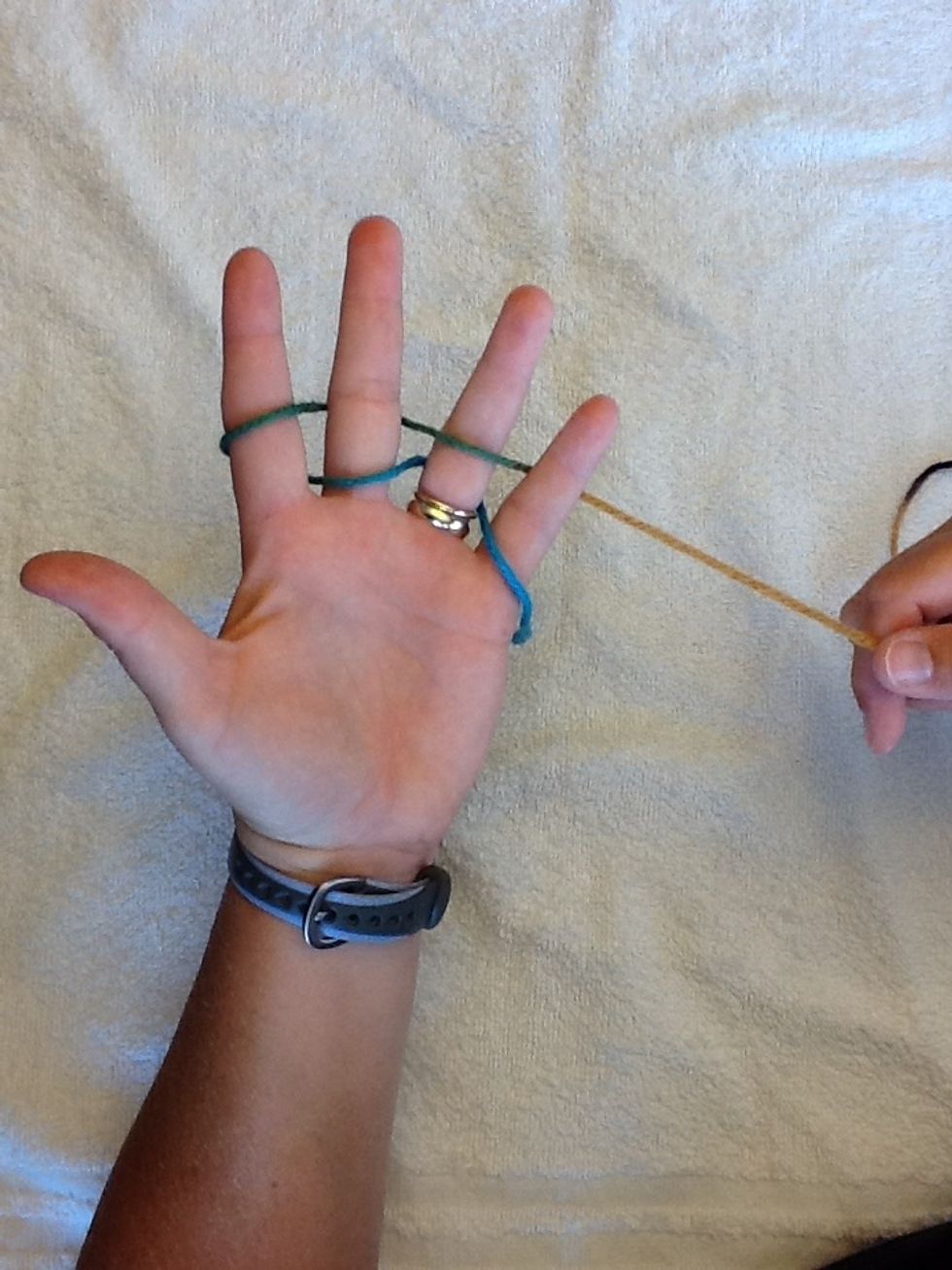Yarn then comes over your pointer finger, under your middle finger, over your ring finger, and under your pinky.