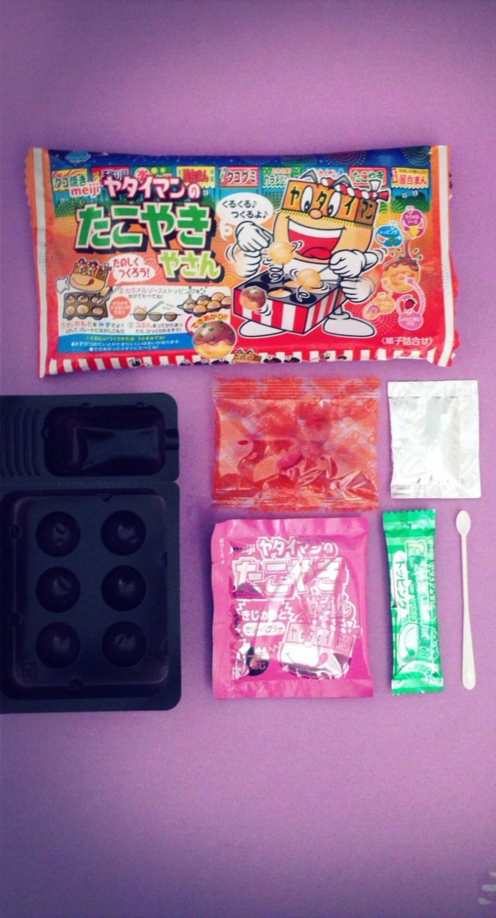 Yataiman Takoyaki DIY--Included in Kit---Takoyaki Octopus Ball Tray Mold, PINK Packet, CLEAR ORANGE Gummy Packet, SILVER Sauce Packet, GREEN Sprinkle Packet, Mixing Spoon