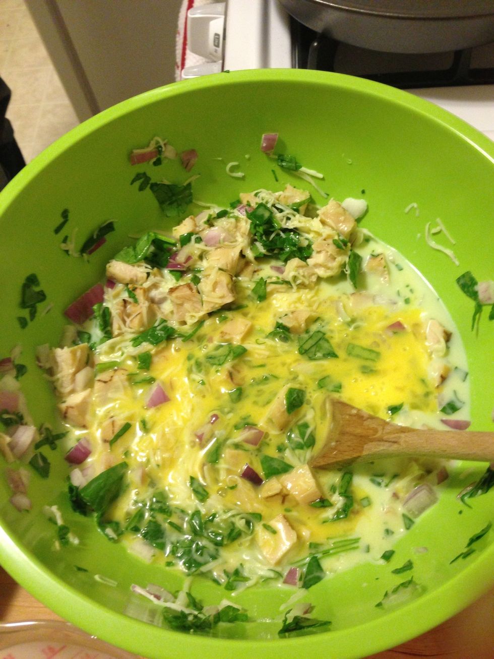 Yay! All of the ingredients are combined, so mix them together. You can add the rosemary and the garlic salt here, but I usually add them as a topping.