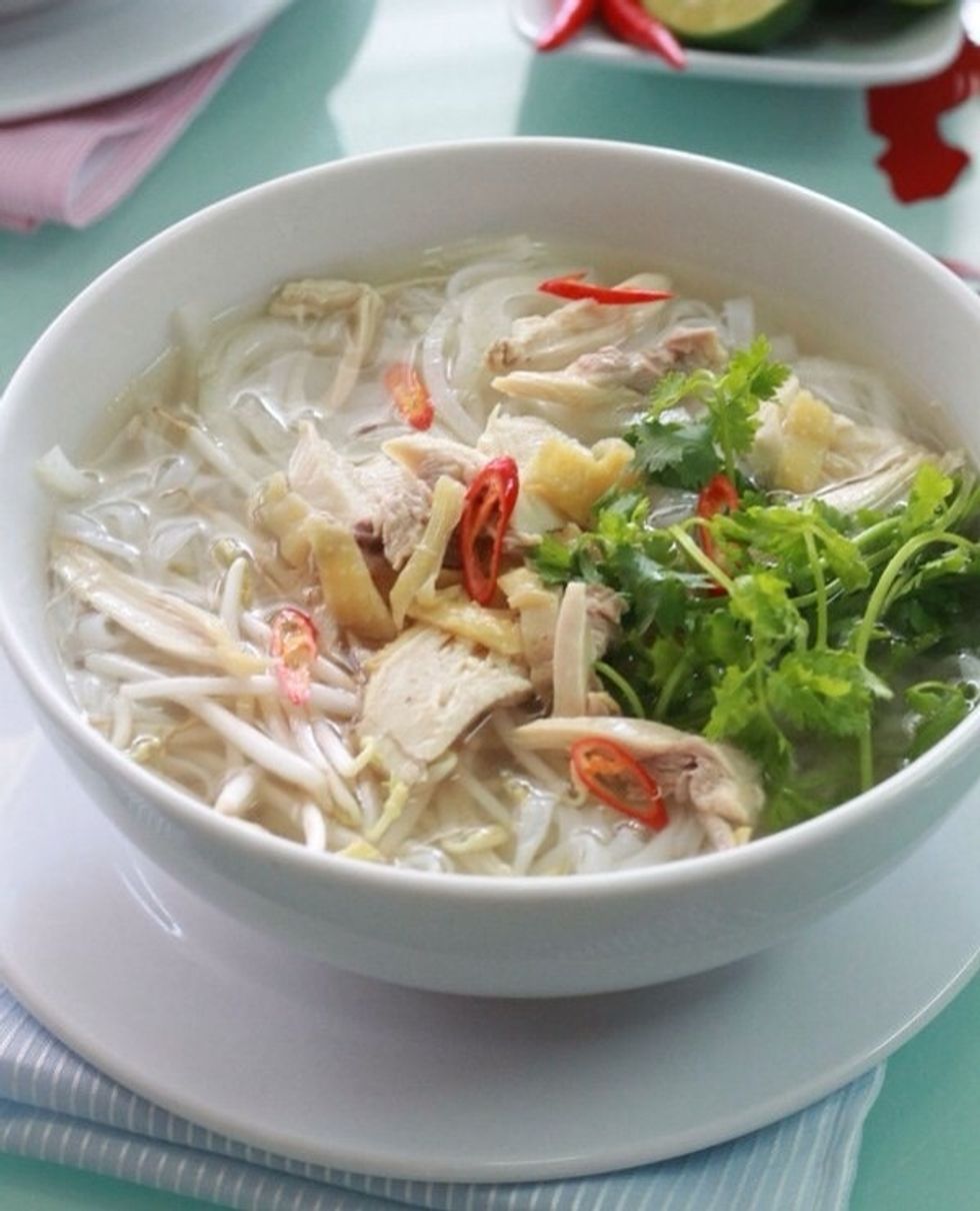 Yayy finally... Heat rice noodles bowl first in microwave. Add broth, top: chicken meat, onion, spring onion, cilantro, mungbean, pepper or chilly if u want to feel  hot, serve with hoisin sauce.