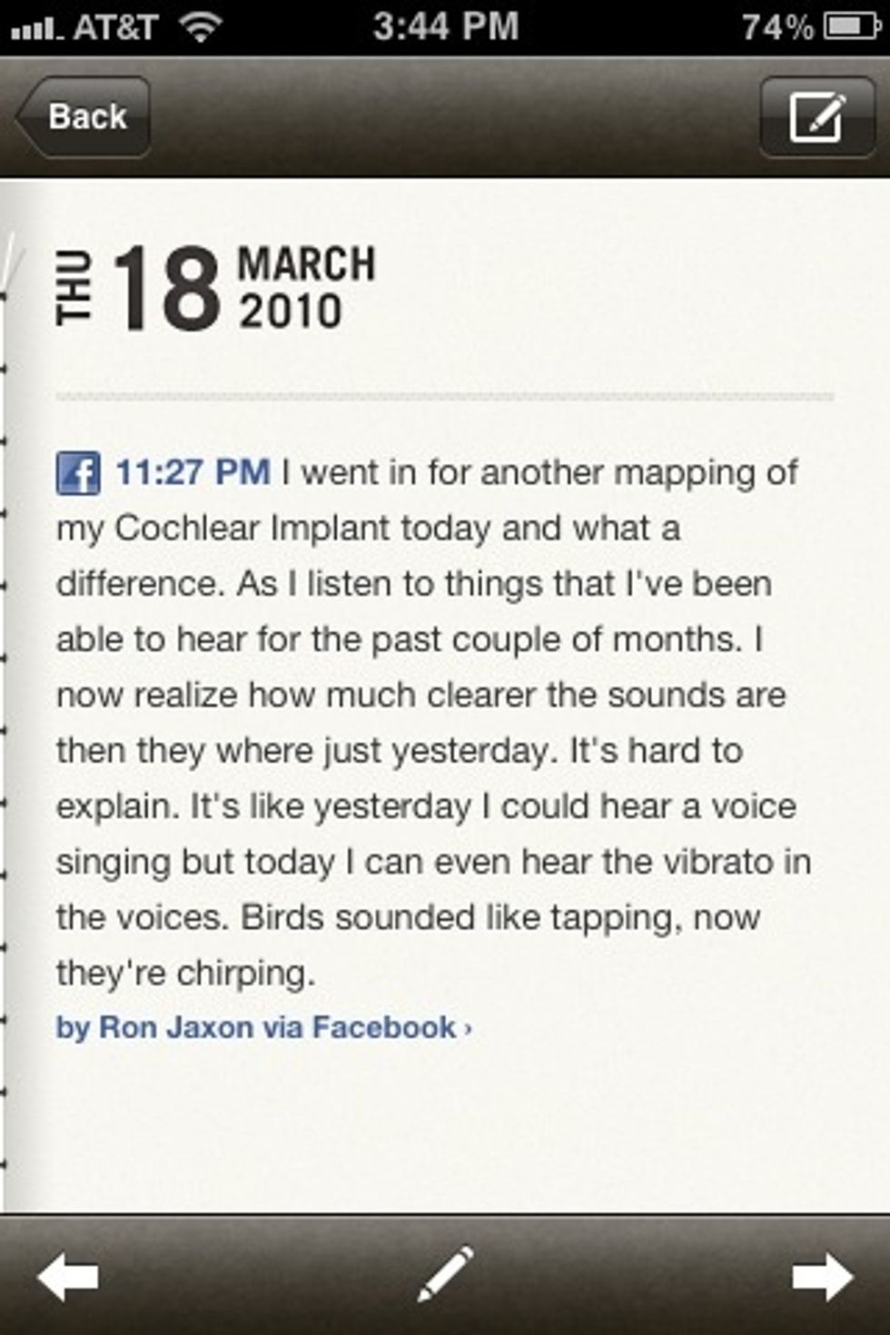 Yet in my journal I have an entry about my cochlear implant experience from March 18, 2010.