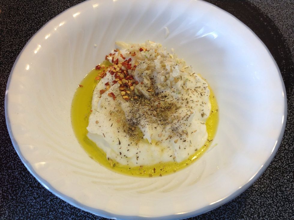 Yogurt, olive oil, cumin, oregano, lemon zest, sugar, salt