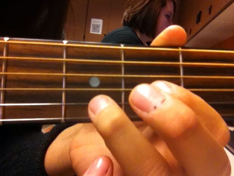You are going to start with your 3rd (middle finger) off of the 1st string 2nd fret. So it looks like this.