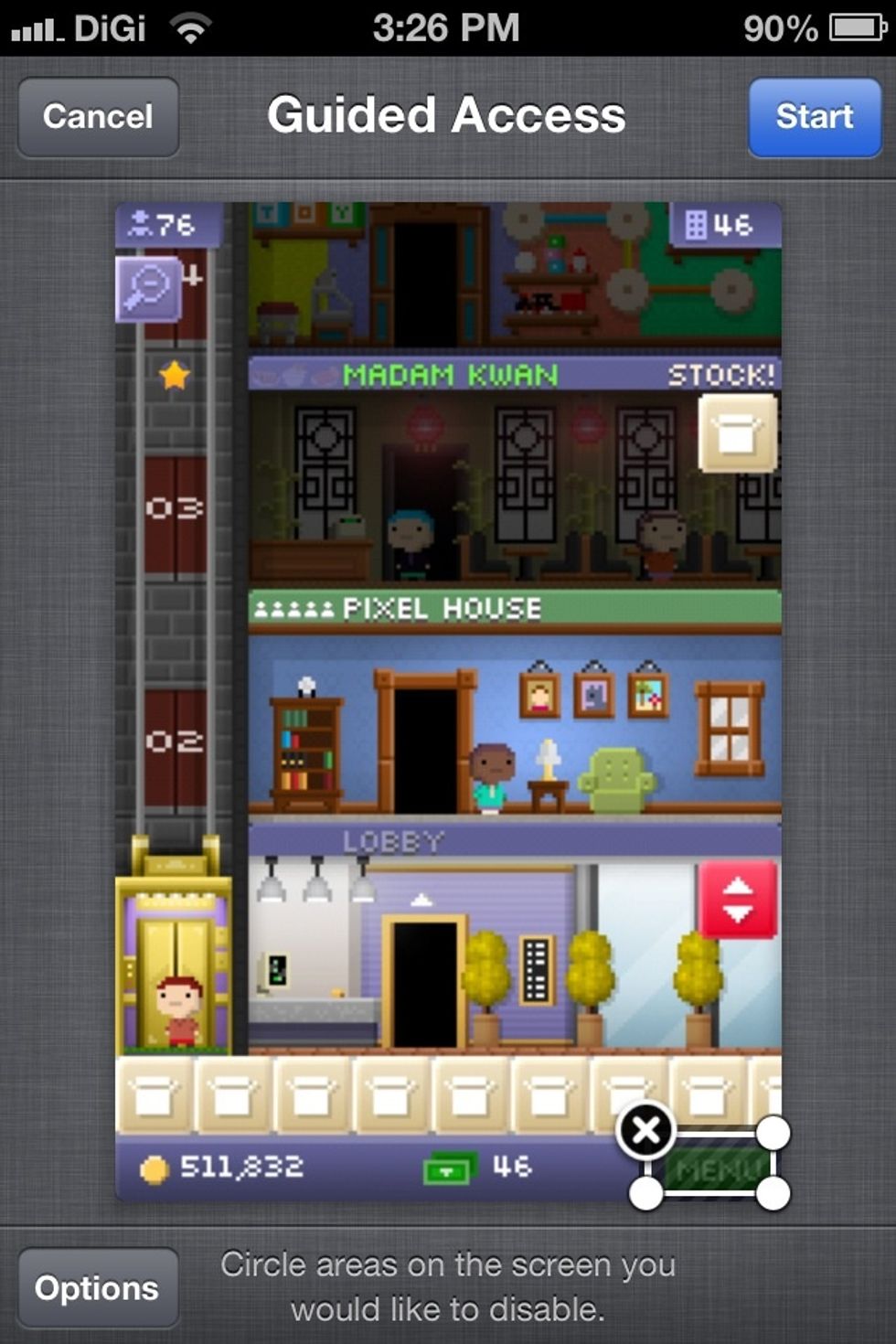 You Are Now At This Screen Where You Can Disable Specific Buttons If You Want By Drawing Circles, Etc. You Can Also Disable Touch Or Motion By Selecting Option. Click Start When Your Done.