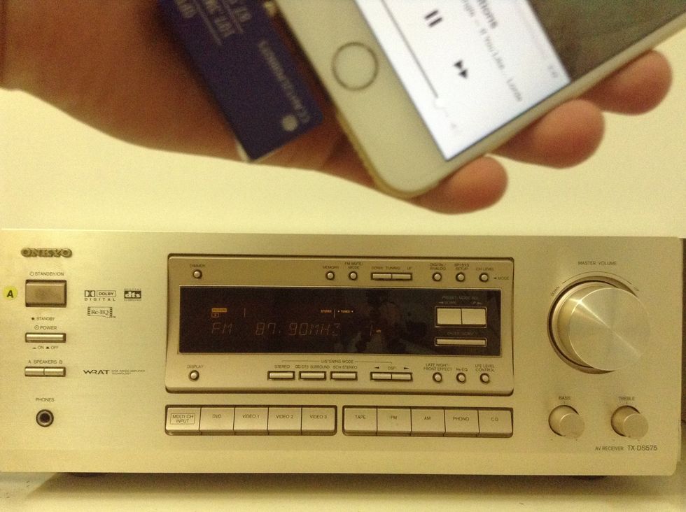 You are now free to move around with the iPhone 6 in your pocket. Music will be broadcast from your iPhone thru your home stereo fm radio.