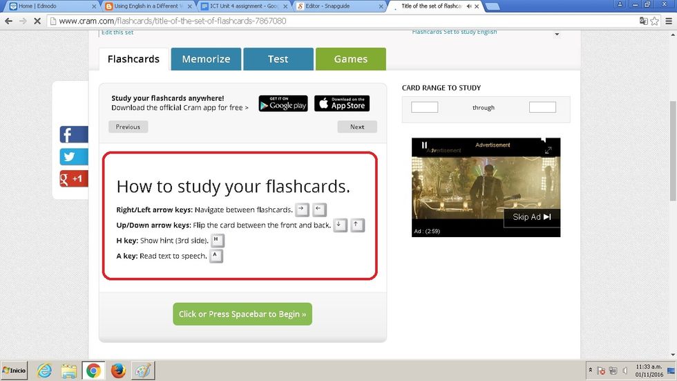 You are ready to use your flashcards! Follow the instructions with your keyboard. You can also flip, organize and shuffle the flashcards. Once you finish, create a new one, or visit any other sets.