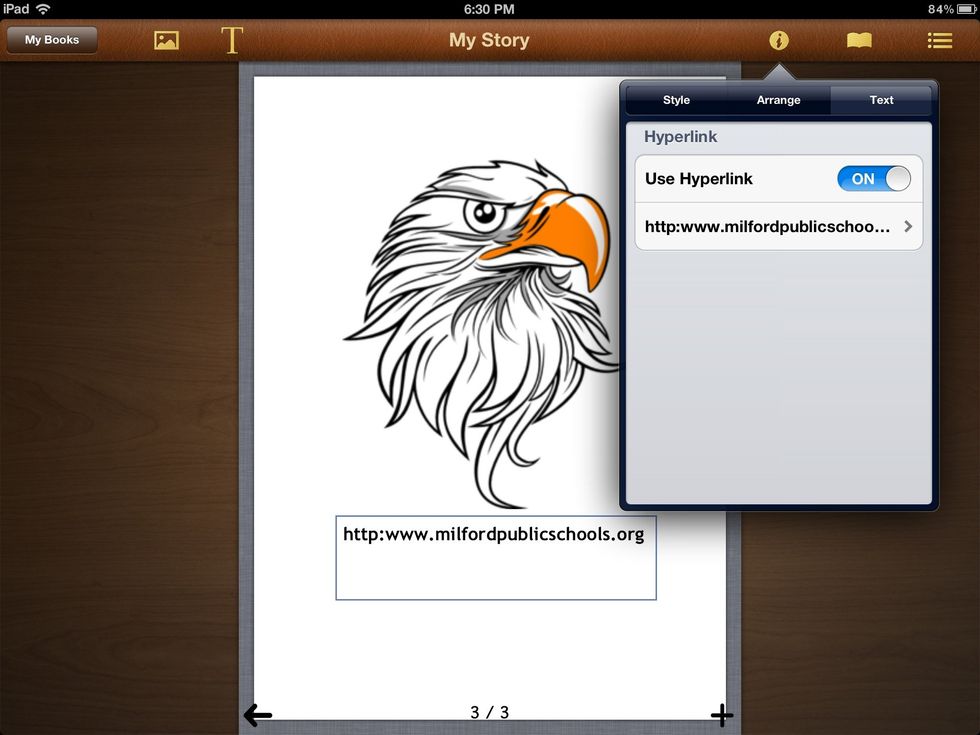 You can add a hyperlink to your book. Type in the text you want to hyperlink. Press the "i" and select the hyperlink tab. Turn on hyperlink.
