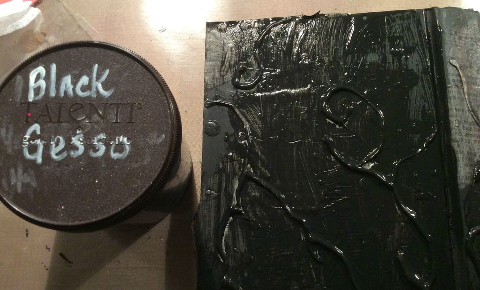 You can add cheese cloth, mesh, metal, whatever you want, I just wanted to keep it simple because it was the cover on the book. Cover everything with black gesso.