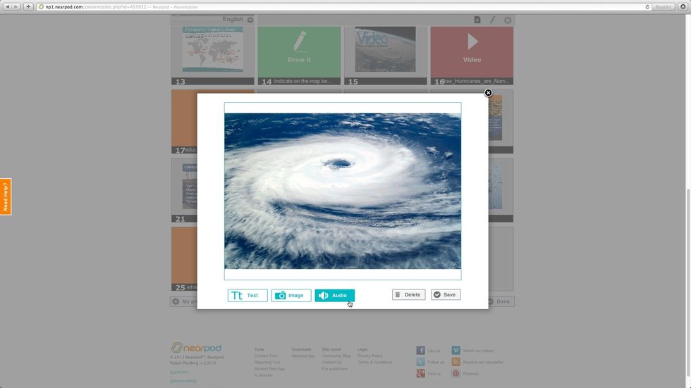You can add text, image or audio to your slides. Tap on the "Audio button" to upload a file.