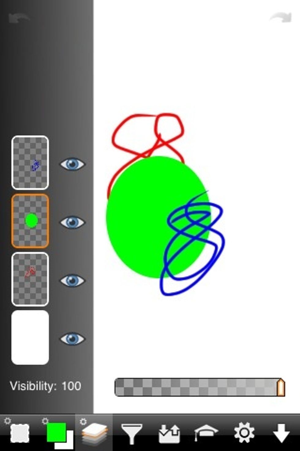 You can adjust the oder of the layers. Note the green is now under the blue. In ArtStudio you change the order by dragging the layer down or up. Just like moving your home screen app icons.