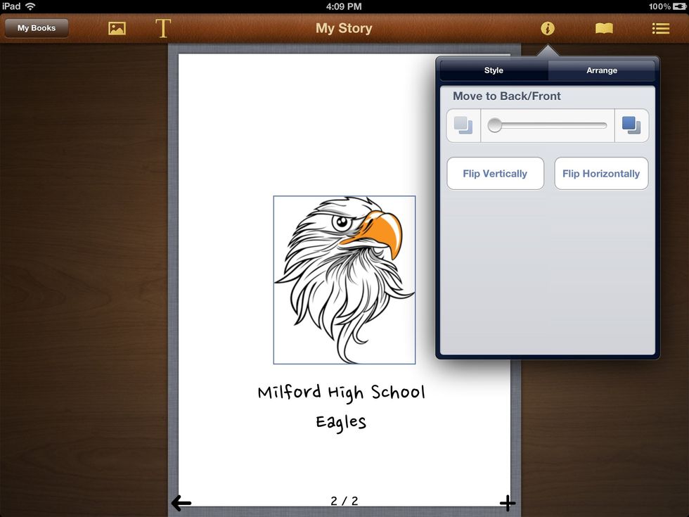 You can also adjust your graphic by flipping it vertically or horizontally. This is accomplished by pressing the "i" button once your graphic is selected.