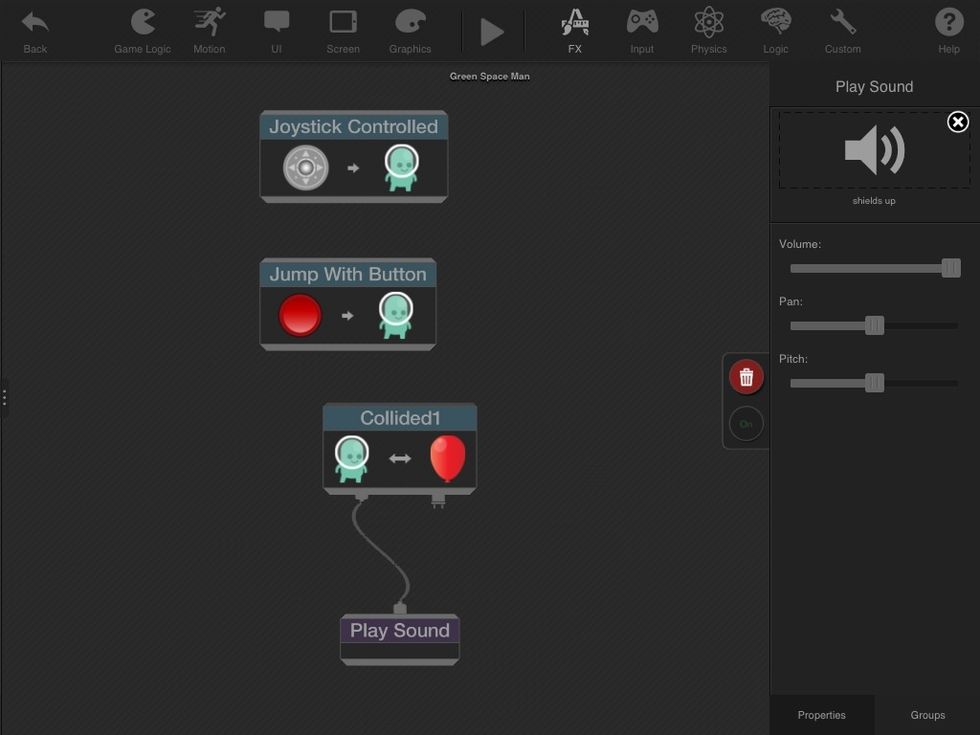 You can also connect this sound to the COLLIDED behavior so that it plays when the balloon and the green space man collide.
