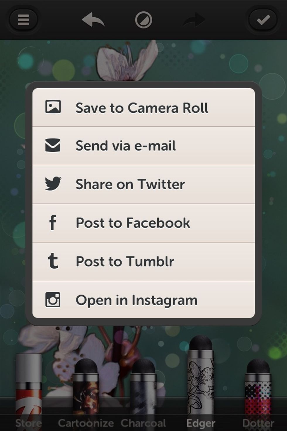 You can also save it to your camera roll or post it on Tunblr, Twitter or Facebook and also Instagram or you could send it via e-mail. Or make it as your wallpaper! haha. Have fun.