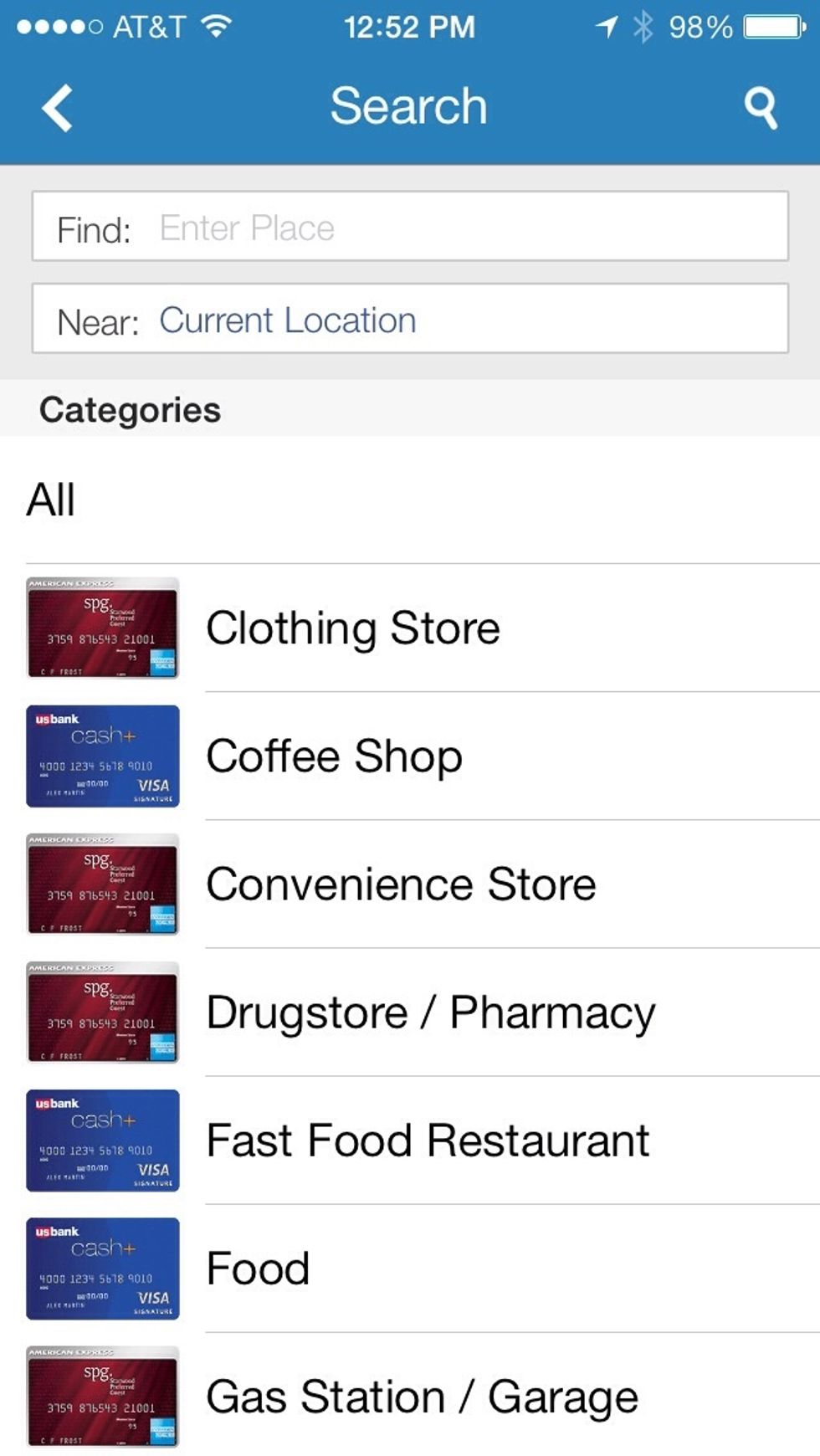 You can also search for specific places, locations or categories. Each category also displays the best card to use next to it.
