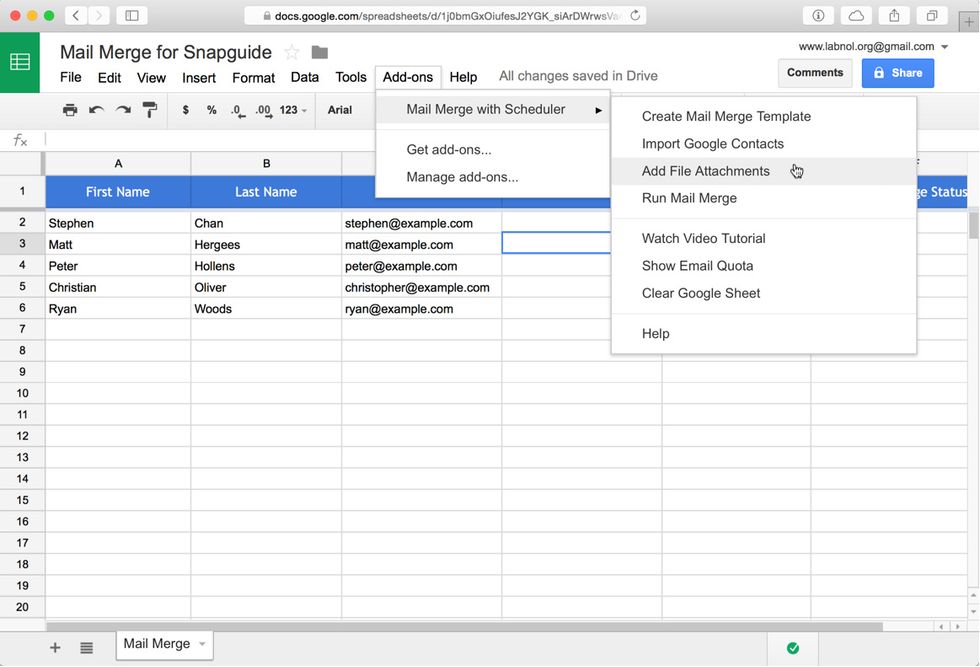 You can attach unique file attachments from Google Drive for each email recipient. Select the File Attachments column of any row and click the Add File Attachments menu.