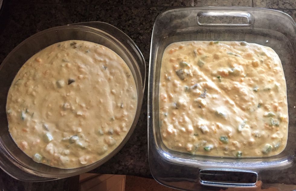 You can bake this all in one large oven proof dish, or you can divide it into two smaller dishes, one for each end of your holiday table. Bake it at 350F degrees for about an hour.