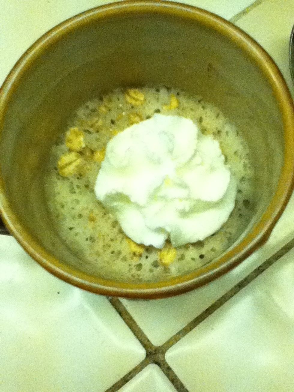 You can be creative with what you add to your cake! Fruit, nuts, frosting, powdered sugar, you name it. Here, I made a butter pecan cake with cinnamon, granola, and a little bit of whipped cream.