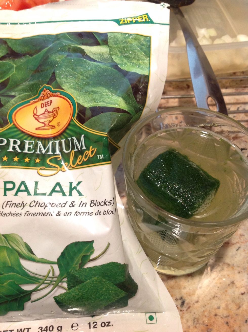 You can blanch some fresh spinach or use a block of frozen spinach as shown. If using frozen one, thaw and keep aside.