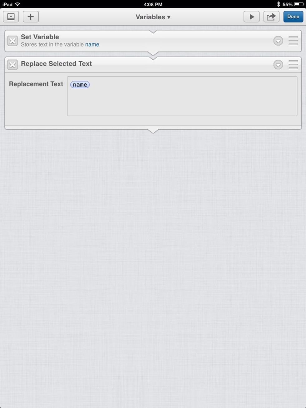 You can change the name of an action by tapping the white down arrow on the right of its title.